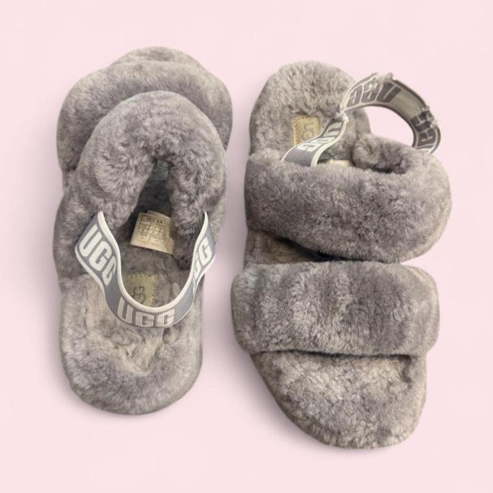 UGG Oh Yeah Grey Sheepskin Double Strap Elastic Back Slipper Slide Sandals Sz 8